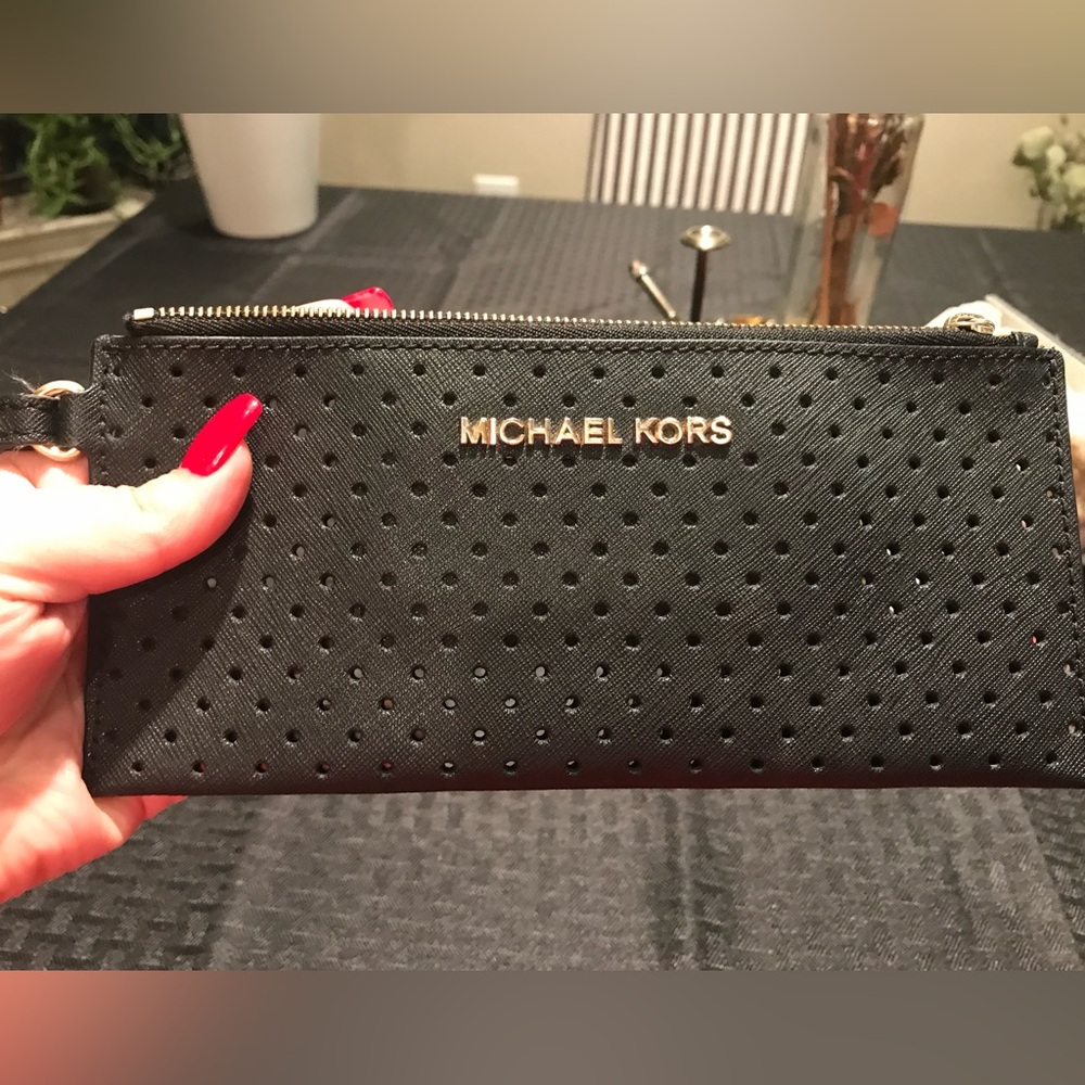 Michael Kors Perforated Medium Gusset Leather Wristlet